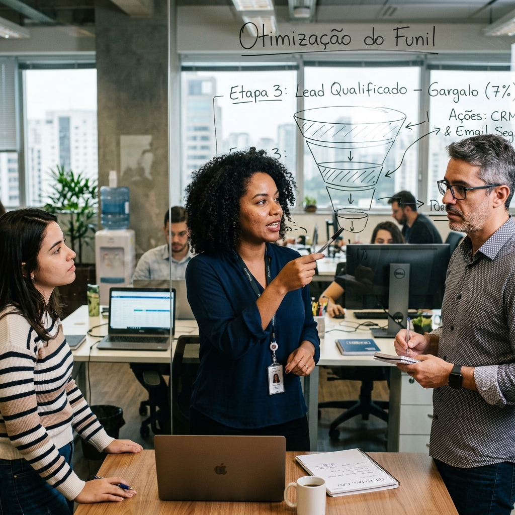 Gestor de marketing e equipe corporativa discutindo etapas do funil de vendas e otimização de conversão em escritório no Brasil.