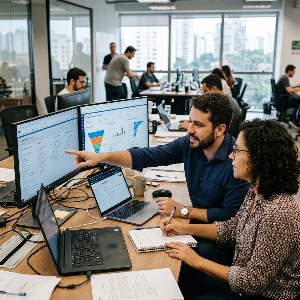 Profissionais de vendas corporativas monitorando novos leads qualificados e painel de CRM em escritório moderno.