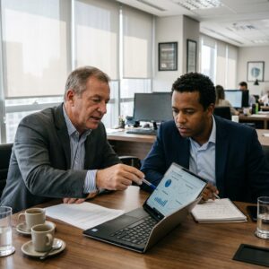 Diretores e gestores de empresa brasileira analisando métricas de conversão e faturamento do site institucional em reunião executiva.