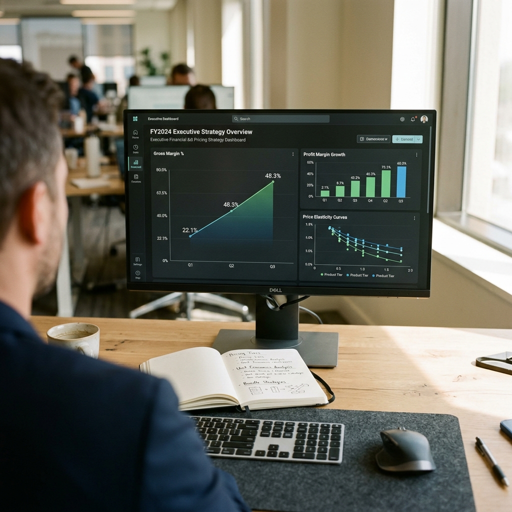 Monitor de computador exibindo dashboard analítico com métricas de precificação estratégica, elasticidade de preço e crescimento de margem de lucro bruta.