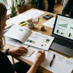 Mesa de trabalho de estrategista com manual de posicionamento de marca aberto, amostras de materiais premium e laptop exibindo gráficos de expansão de margens de lucro.