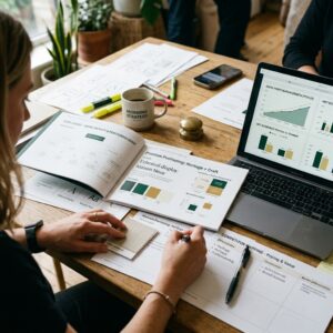 Mesa de trabalho de estrategista com manual de posicionamento de marca aberto, amostras de materiais premium e laptop exibindo gráficos de expansão de margens de lucro.