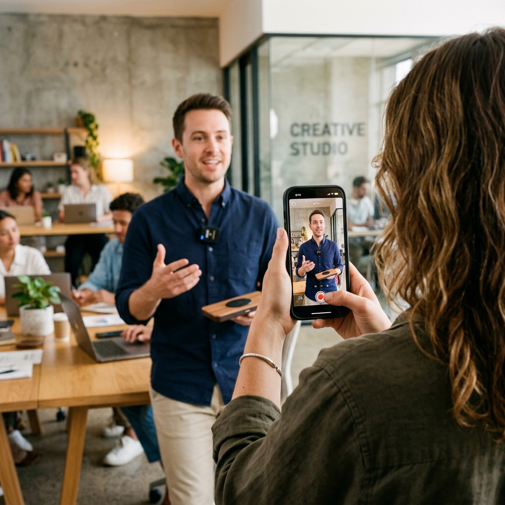 Visão sobre o ombro mostrando especialista de marketing gravando colega com smartphone e microfone de lapela para vídeo espontâneo no Instagram.