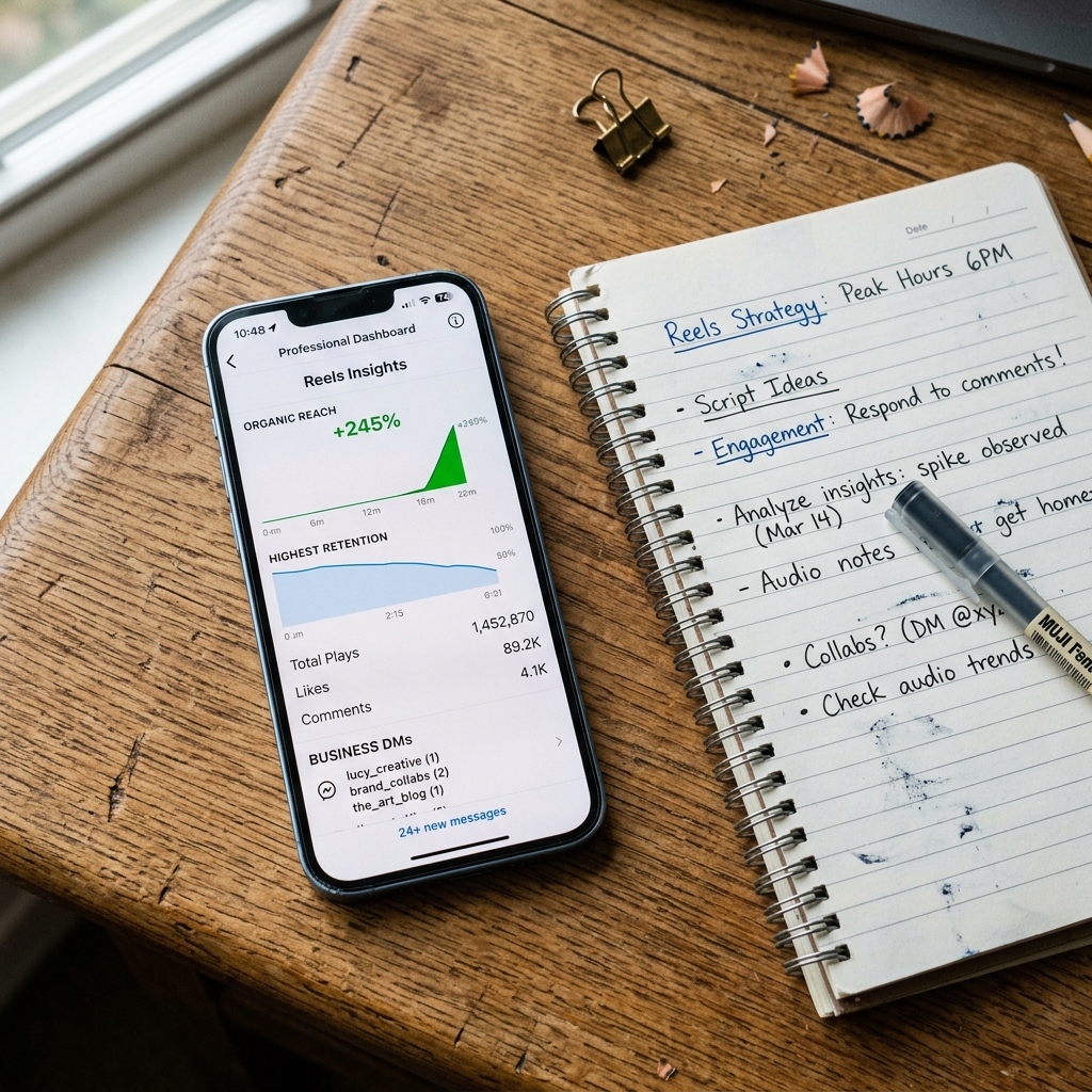 Smartphone sobre mesa de madeira exibindo tela de métricas e Insights do Instagram Reels com crescimento de alcance orgânico e mensagens de clientes.