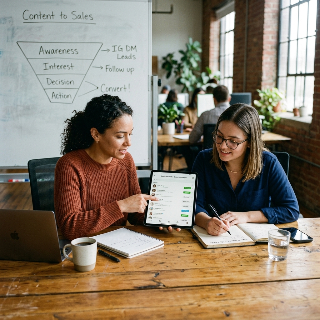 Gestores de marketing e vendas analisando mensagens de leads e oportunidades geradas por vídeos do Instagram em reunião de negócios.