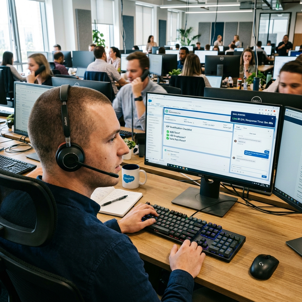 Visão sobre o ombro de SDR em ligação de qualificação de lead utilizando software de CRM com indicador de tempo de resposta.