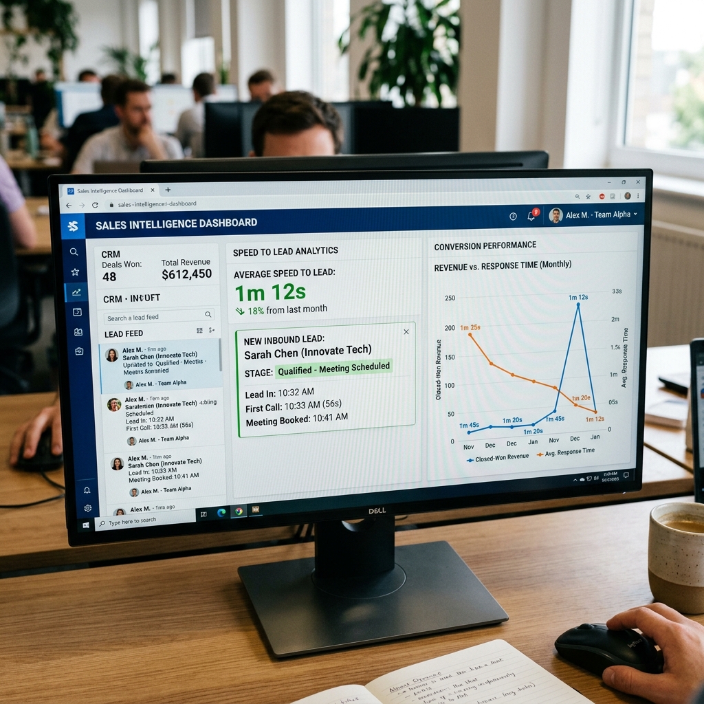 Detalhe em monitor de computador com painel de CRM exibindo métricas de velocidade de resposta de leads e conversão em pipeline comercial.