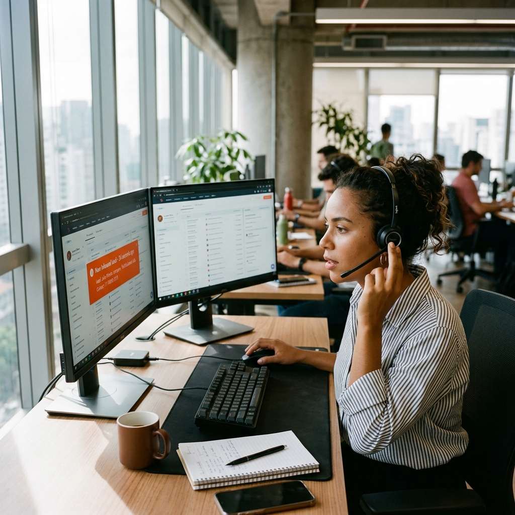 Profissional SDR com headset recebendo alerta de novo lead inbound no sistema de CRM para contato imediato em segundos.