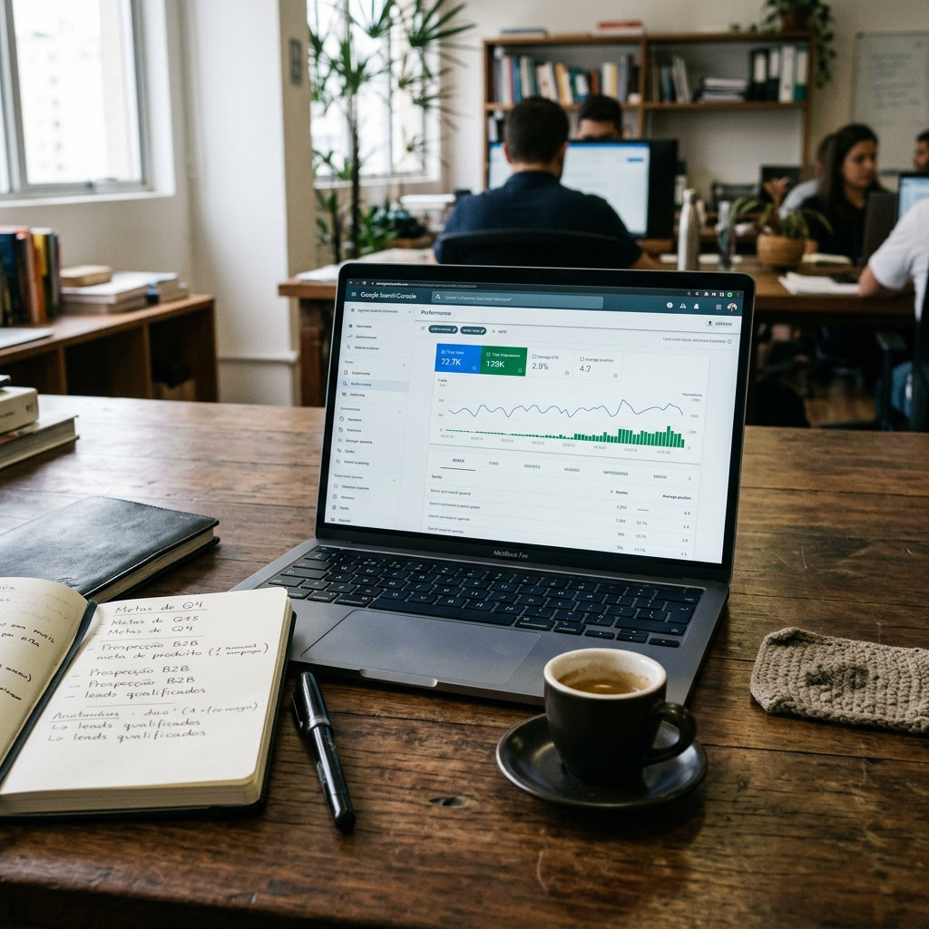 Detalhe de mesa de trabalho executiva com gráficos analíticos de conversão orgânica e anotações estratégicas de crescimento