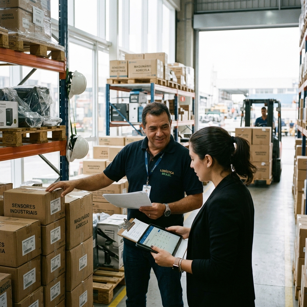 Gestores comerciais analisando estoque e logística de distribuição regional dentro de showroom empresarial moderno.