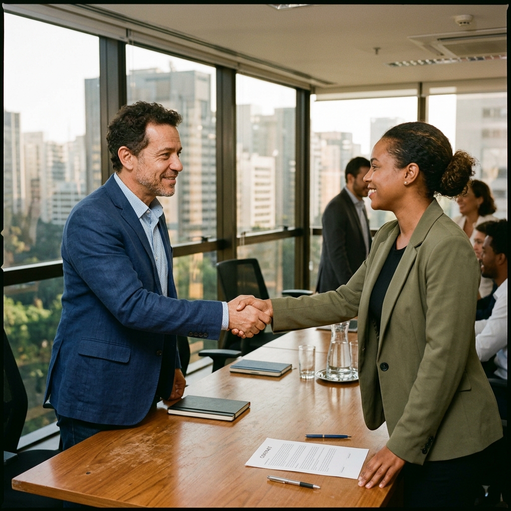 Aperto de mão entre empresário e cliente corporativo fechando contrato em sala de reuniões executiva no Brasil.