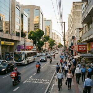 Avenida comercial movimentada no Brasil com prédios corporativos e comércio regional ativo em iluminação natural.