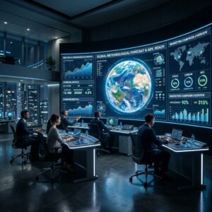 painel de controle futurista de marketing exibindo simulações meteorológicas e métricas de campanhas digitais