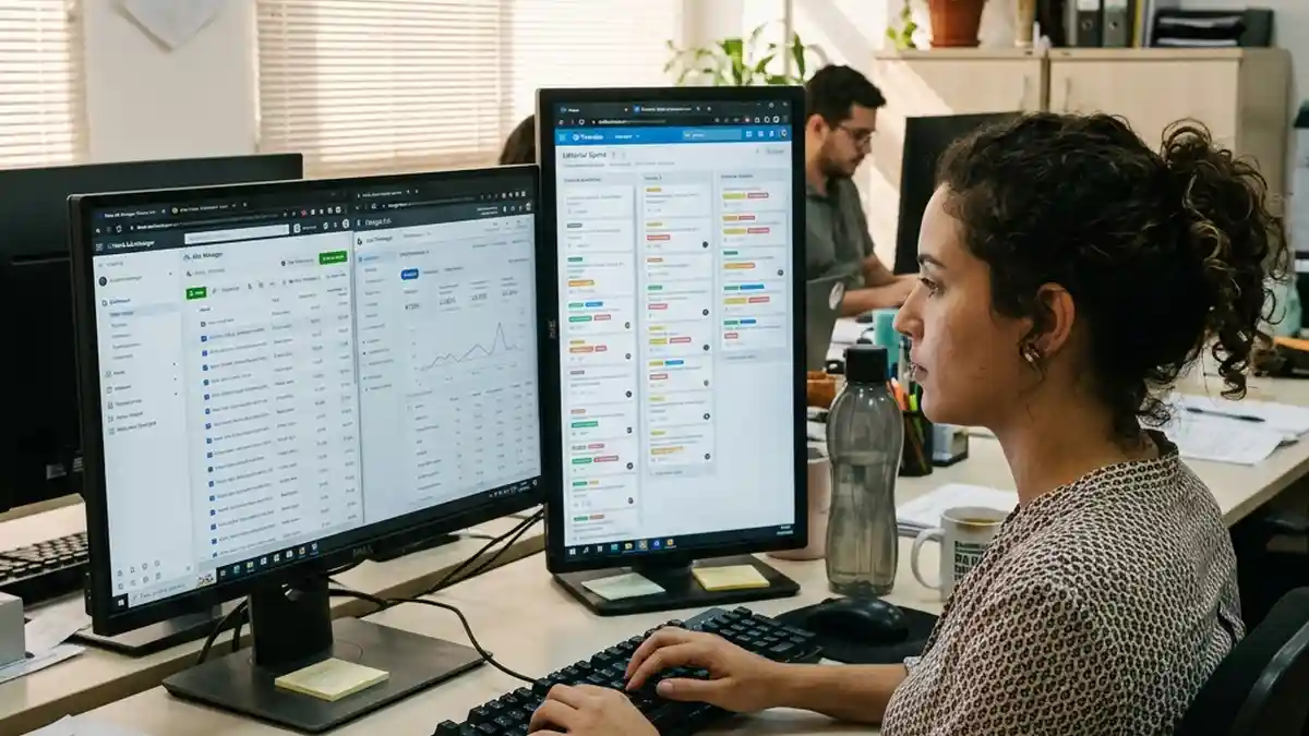 Profissional de marketing interno de uma PME gerenciando campanhas de tráfego pago e cronograma editorial em monitores de trabalho.