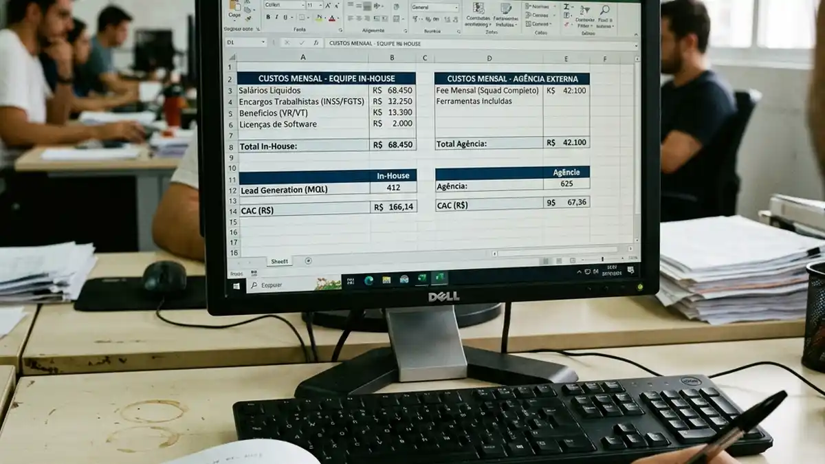 Tela de computador com planilha detalhada comparando custos de folha de pagamento e ferramentas versus investimento em agência de marketing com métricas de CAC e ROI.
