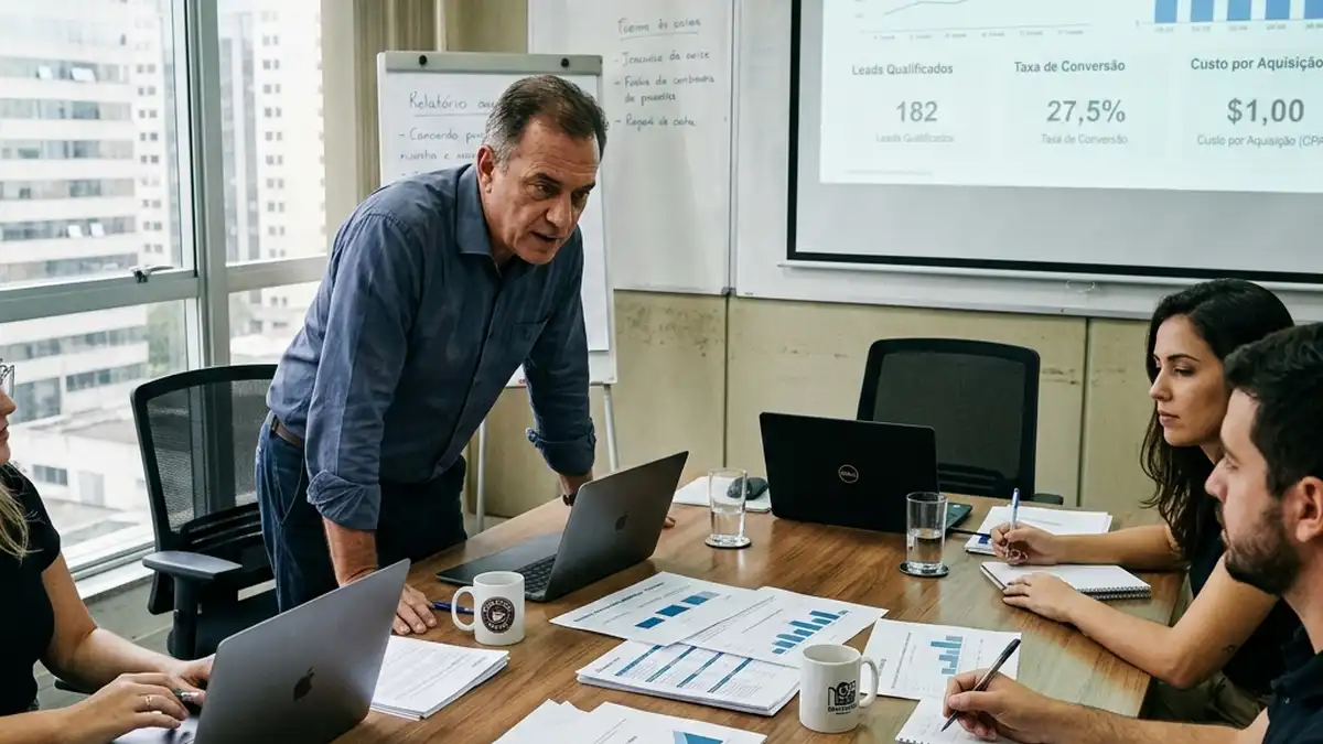 Diretor de empresa participando de reunião estratégica de alinhamento e apresentação de resultados de marketing digital com agência parceira.