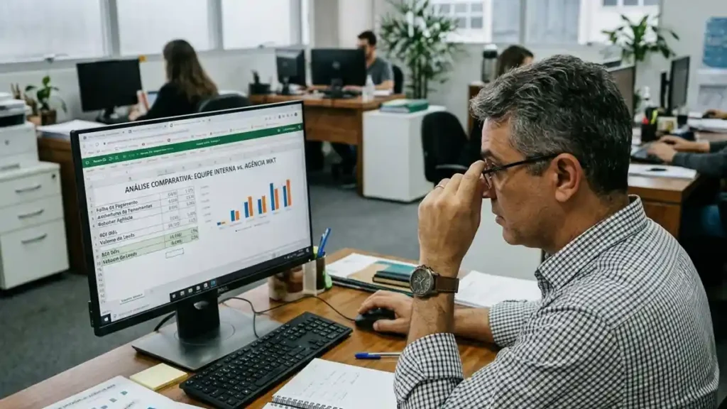 Proprietário de PME analisando planilha comparativa de custos entre equipe interna e contratação de agência de marketing em escritório comercial.