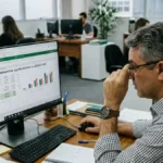 Proprietário de PME analisando planilha comparativa de custos entre equipe interna e contratação de agência de marketing em escritório comercial.