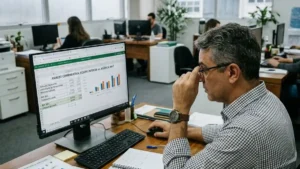 Proprietário de PME analisando planilha comparativa de custos entre equipe interna e contratação de agência de marketing em escritório comercial.