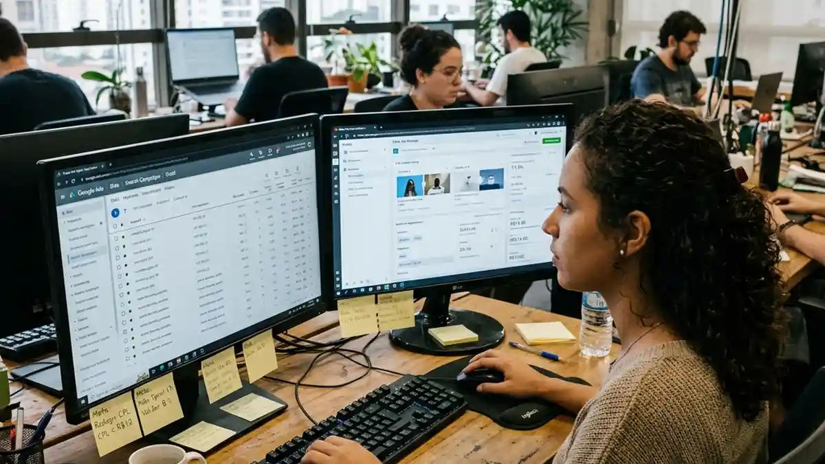 Especialista em mídia de performance estruturando grupos de anúncios e testes A/B de criativos no gerenciador de campanhas.