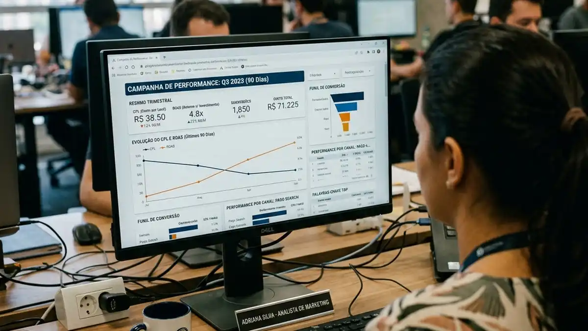 Tela de computador exibindo dashboard de métricas de tráfego pago com evolução de CPL e ROAS ao longo de 90 dias.