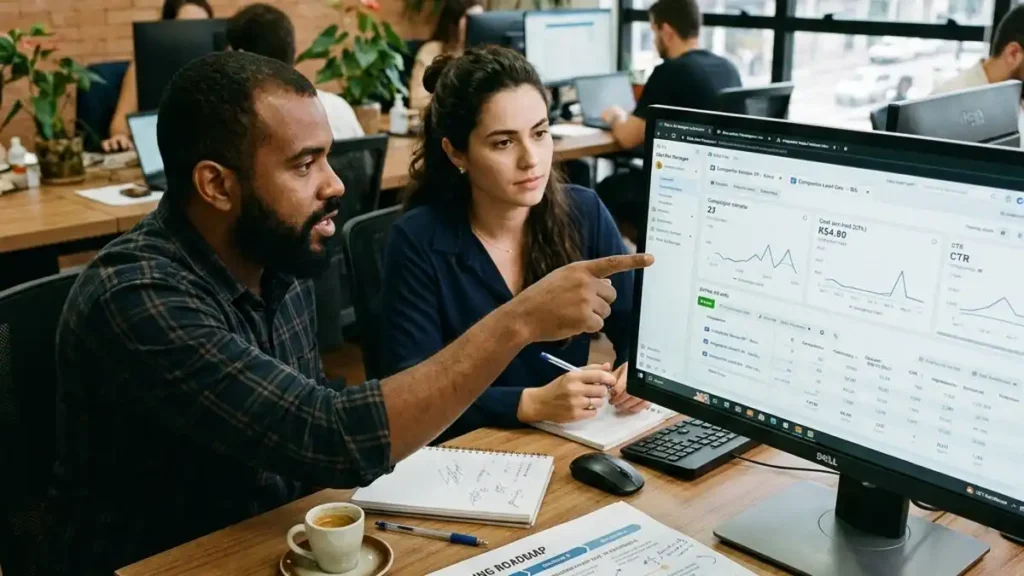 Gestor de tráfego pago e empresário analisando painel de anúncios de Meta Ads e Google Ads junto a um cronograma de 90 dias em escritório de agência.