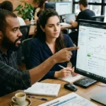 Gestor de tráfego pago e empresário analisando painel de anúncios de Meta Ads e Google Ads junto a um cronograma de 90 dias em escritório de agência.