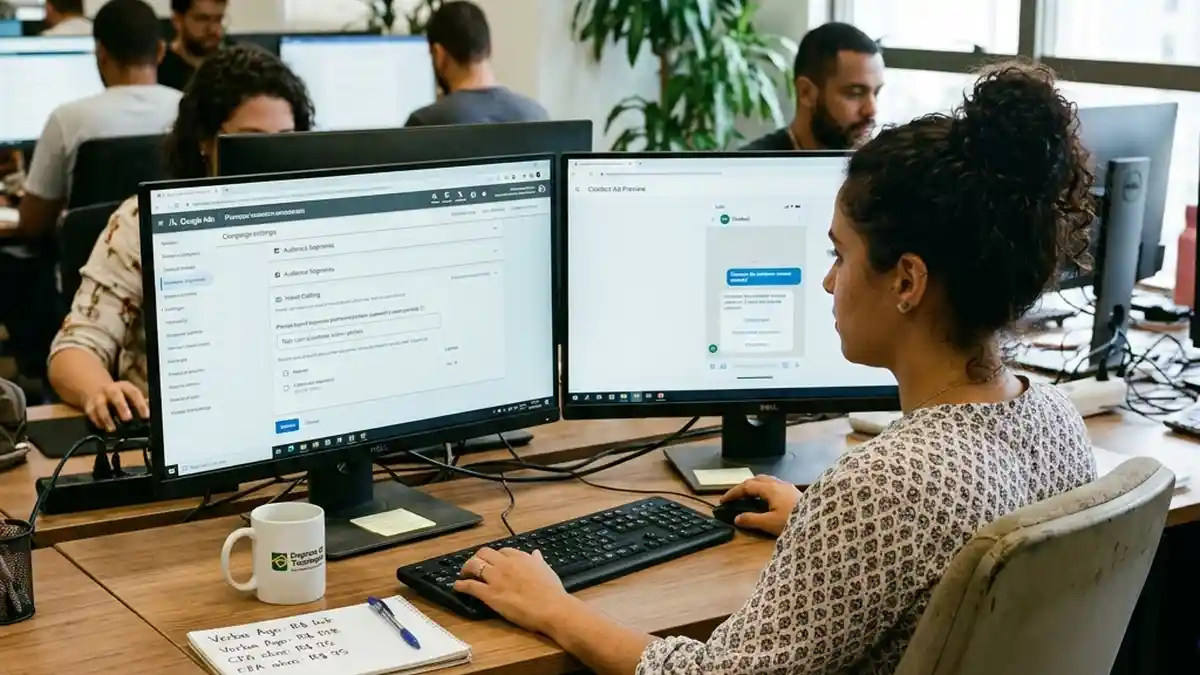 Gestor de tráfego pago configurando segmentações, palavras-chave por intenção e orçamentos para anúncios em plataformas de inteligência artificial.