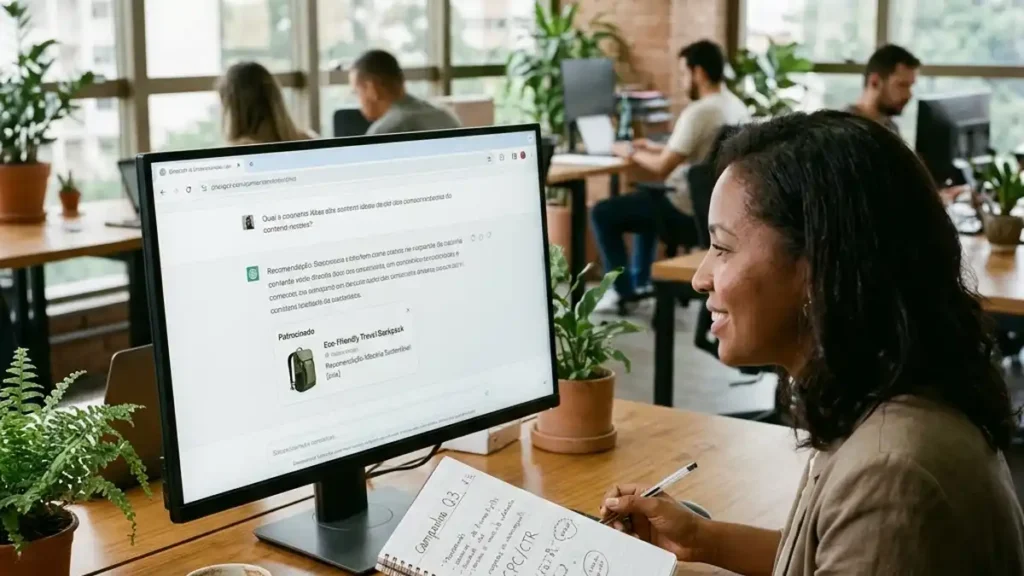 Profissional de marketing digital analisando em monitor de alta resolução uma interface de chat de IA com resposta conversacional e recomendação patrocinada nativa.