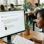 Profissional de marketing digital analisando em monitor de alta resolução uma interface de chat de IA com resposta conversacional e recomendação patrocinada nativa.