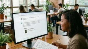 Profissional de marketing digital analisando em monitor de alta resolução uma interface de chat de IA com resposta conversacional e recomendação patrocinada nativa.