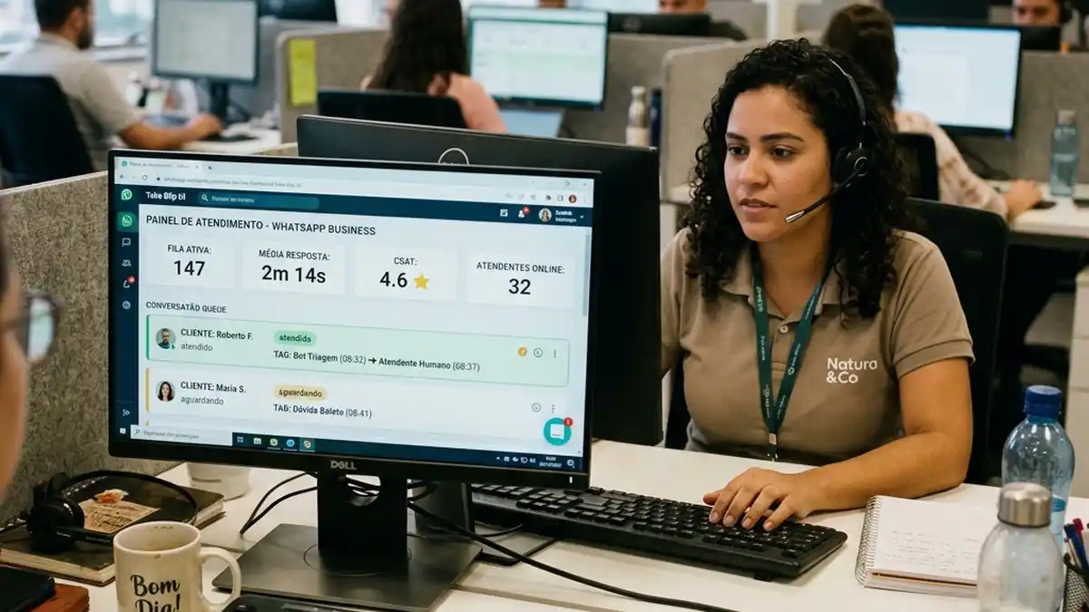Monitor exibindo dashboard de WhatsApp empresarial com métricas de tempo de resposta, volume de tickets e fila de transição do bot para atendimento humano.