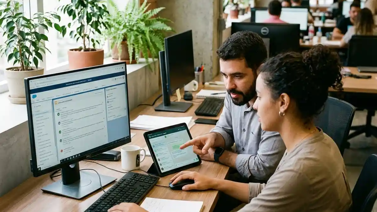 Profissionais de suporte e vendas B2B analisando histórico de cliente e mensagens de WhatsApp integrado ao CRM em ambiente corporativo moderno.