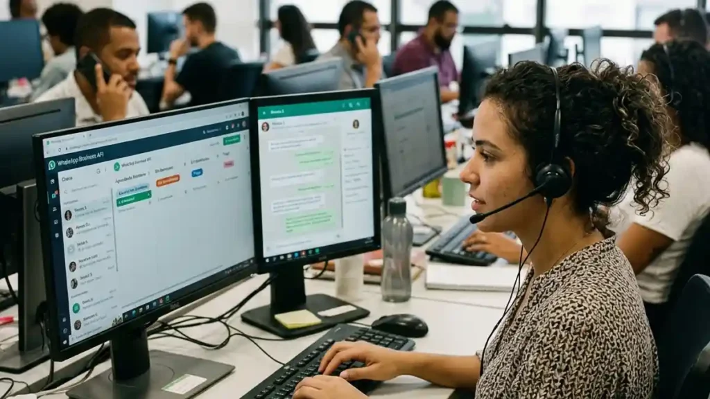 Especialista em atendimento empresarial gerenciando múltiplos chats no WhatsApp Business em painel corporativo multiagente, demonstrando o equilíbrio entre automação e suporte humanizado.