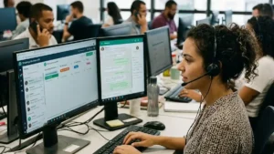 Especialista em atendimento empresarial gerenciando múltiplos chats no WhatsApp Business em painel corporativo multiagente, demonstrando o equilíbrio entre automação e suporte humanizado.