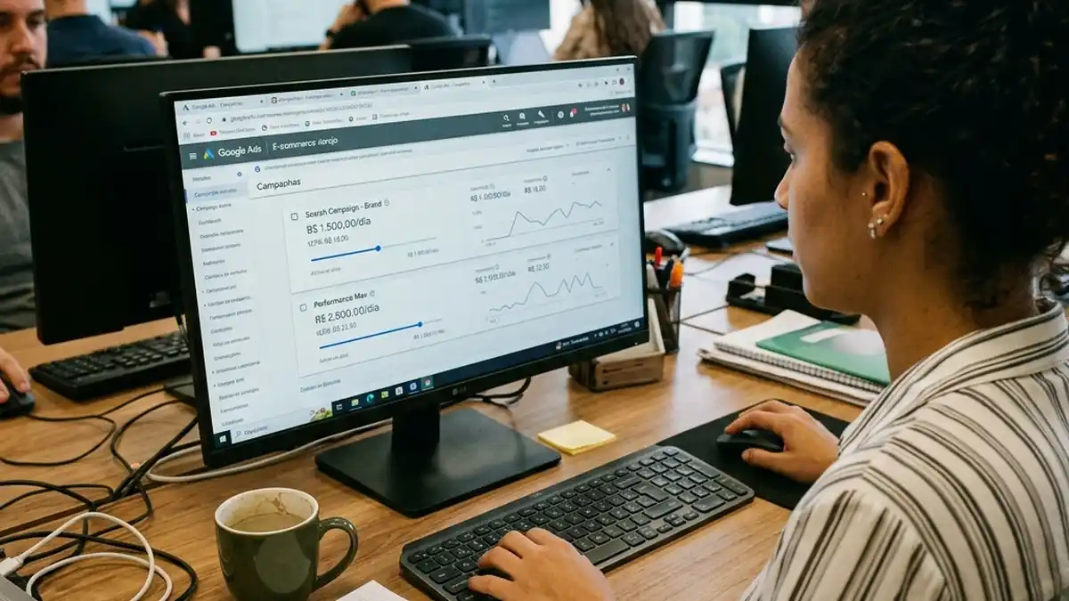 Visão sobre o ombro de gestor de tráfego configurando o orçamento diário e estratégias de lance entre campanhas de Search e PMax no Google Ads.