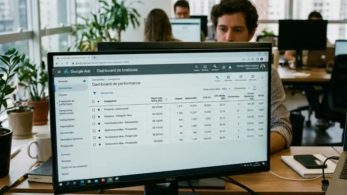 Tela de computador em detalhe exibindo relatório comparativo de métricas de conversão, ROAS e CPL entre campanhas de Pesquisa e Performance Max.