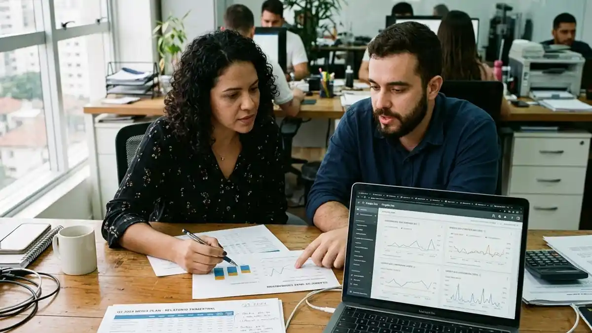 Profissionais de marketing B2B analisando relatório de mídia e orçamento de anúncios no Google Ads em mesa de planejamento estratégico.