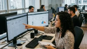 Especialista em tráfego pago analisando campanhas de Pesquisa e Performance Max em monitores duplos no Google Ads para definir alocação de orçamento.