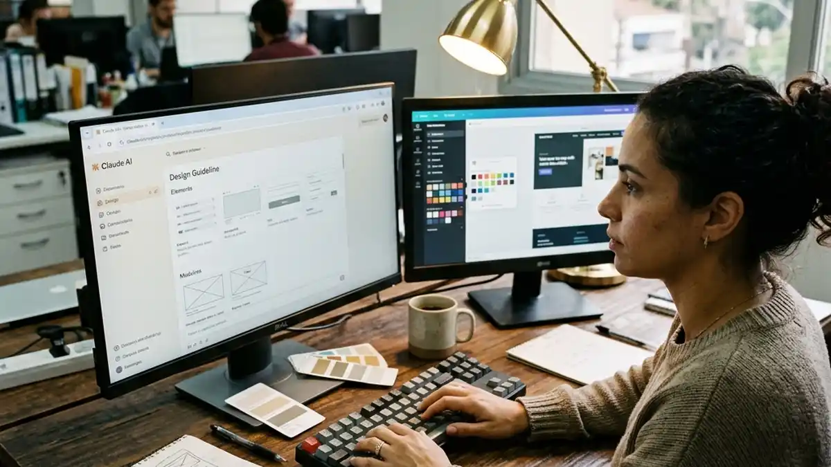Designer de interfaces trabalhando na implementação de diretrizes de design do Claude e montagem de layout modular para site de alta conversão.