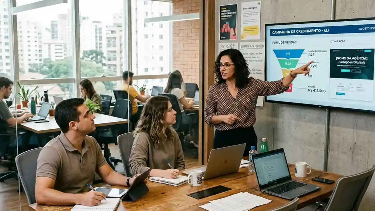 Equipe de growth e vendas reunida analisando o impacto do novo site gerado por inteligência artificial no funil comercial e na qualificação de leads.