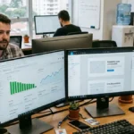 Estrategista de marketing e web designer colaborando em frente a monitores que exibem geração de sites por inteligência artificial e métricas de redução de CAC.