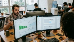 Estrategista de marketing e web designer colaborando em frente a monitores que exibem geração de sites por inteligência artificial e métricas de redução de CAC.