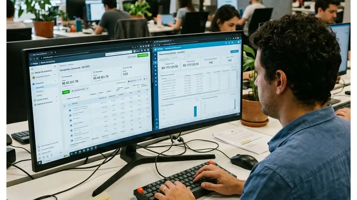 Gestor de tráfego comparando painel do Meta Ads com faturamento emitido no sistema ERP em tela de computador de alta resolução.
