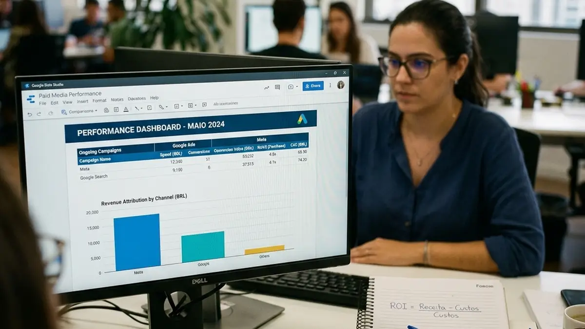 Detalhe em primeiro plano de monitor com métricas de ROAS, custo de aquisição e anotações com a fórmula de cálculo do ROI real.
