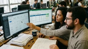 Estrategista de marketing analisando métricas de ROAS e ROI do tráfego pago em monitores com planilhas financeiras e painel de anúncios.