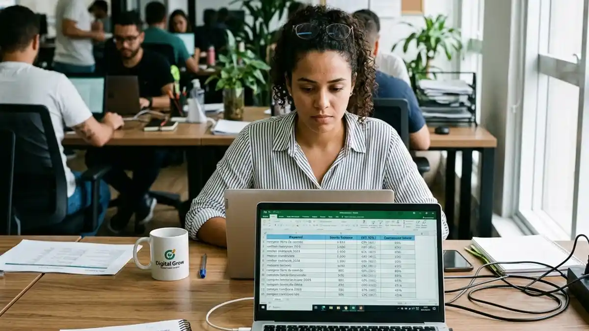 Especialista em SEO analisando planilha de palavras-chave de intenção de compra e tráfego orgânico comercial em notebook.