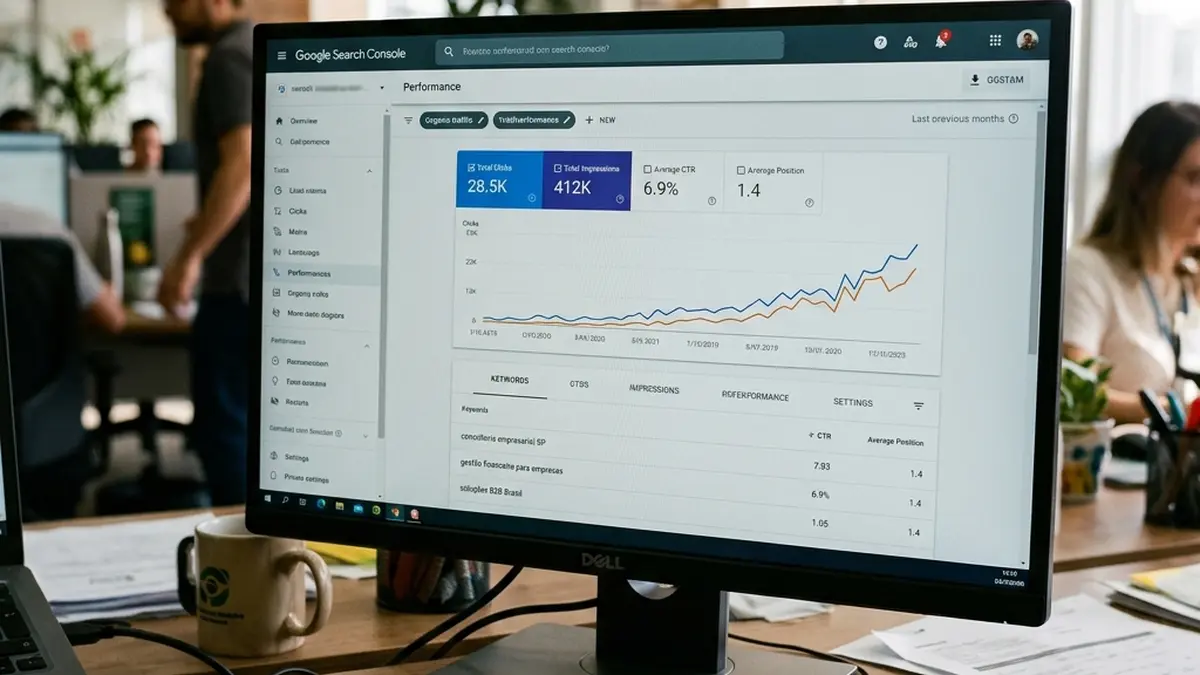 Tela de computador em close exibindo painel do Google Search Console com posição média 1.4 e crescimento de cliques orgânicos qualificados.