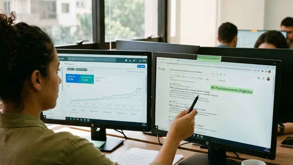 Monitor em escritório B2B exibindo resultado de busca orgânica do Google na primeira posição para palavra-chave comercial com especialista apontando métricas.