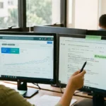 Monitor em escritório B2B exibindo resultado de busca orgânica do Google na primeira posição para palavra-chave comercial com especialista apontando métricas.